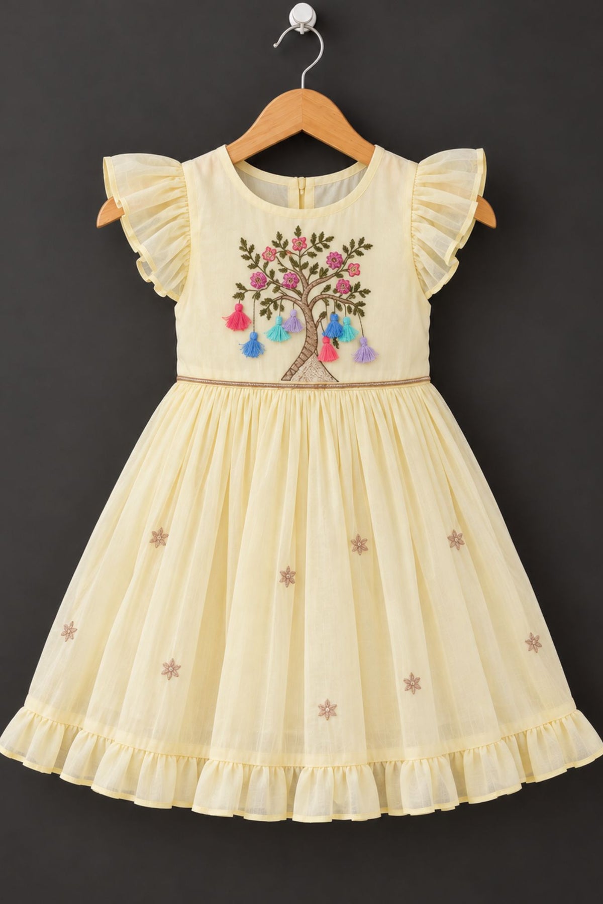 Pastel Yellow Tree Embroidered Ruffle Sleeve Flared Dress For Girls