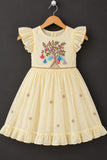 Pastel Yellow Tree Embroidered Ruffle Sleeve Flared Dress For Girls