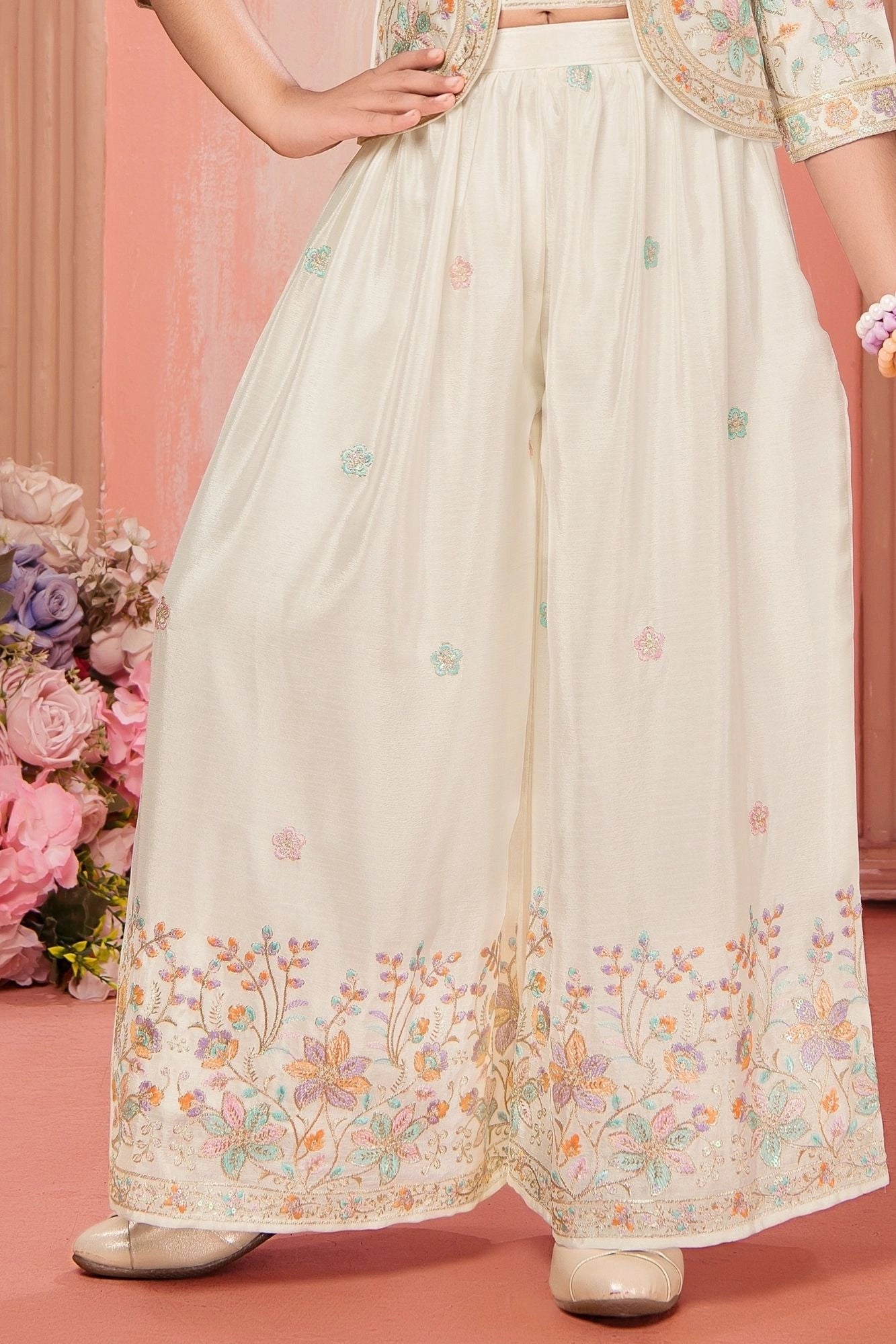 Cream Embroidered 3-Piece Palazzo Set for Girls