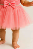 Pink Net Party Wear Frock With Bow Accent For Girls