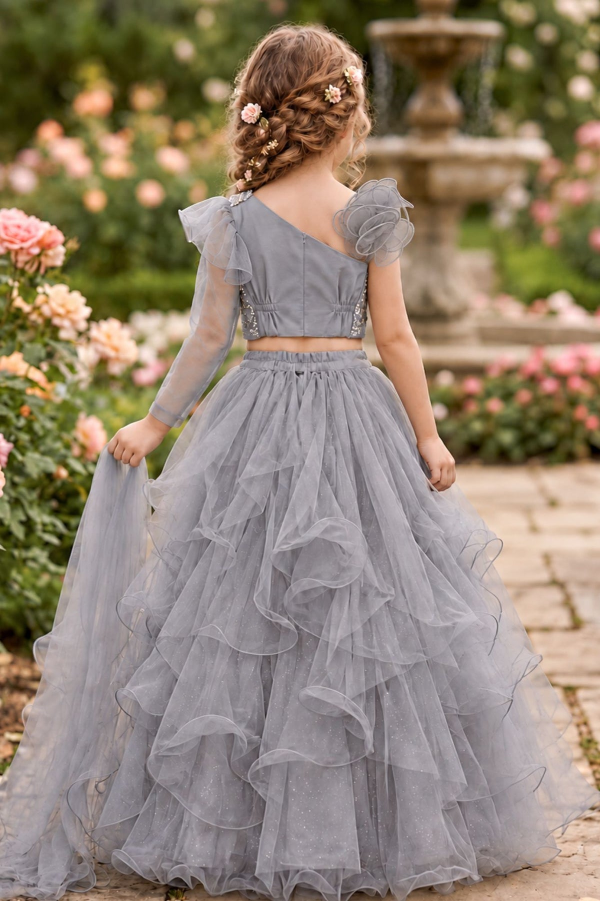 Dusty Grey Floral Ruffle Lehenga Choli For Girls