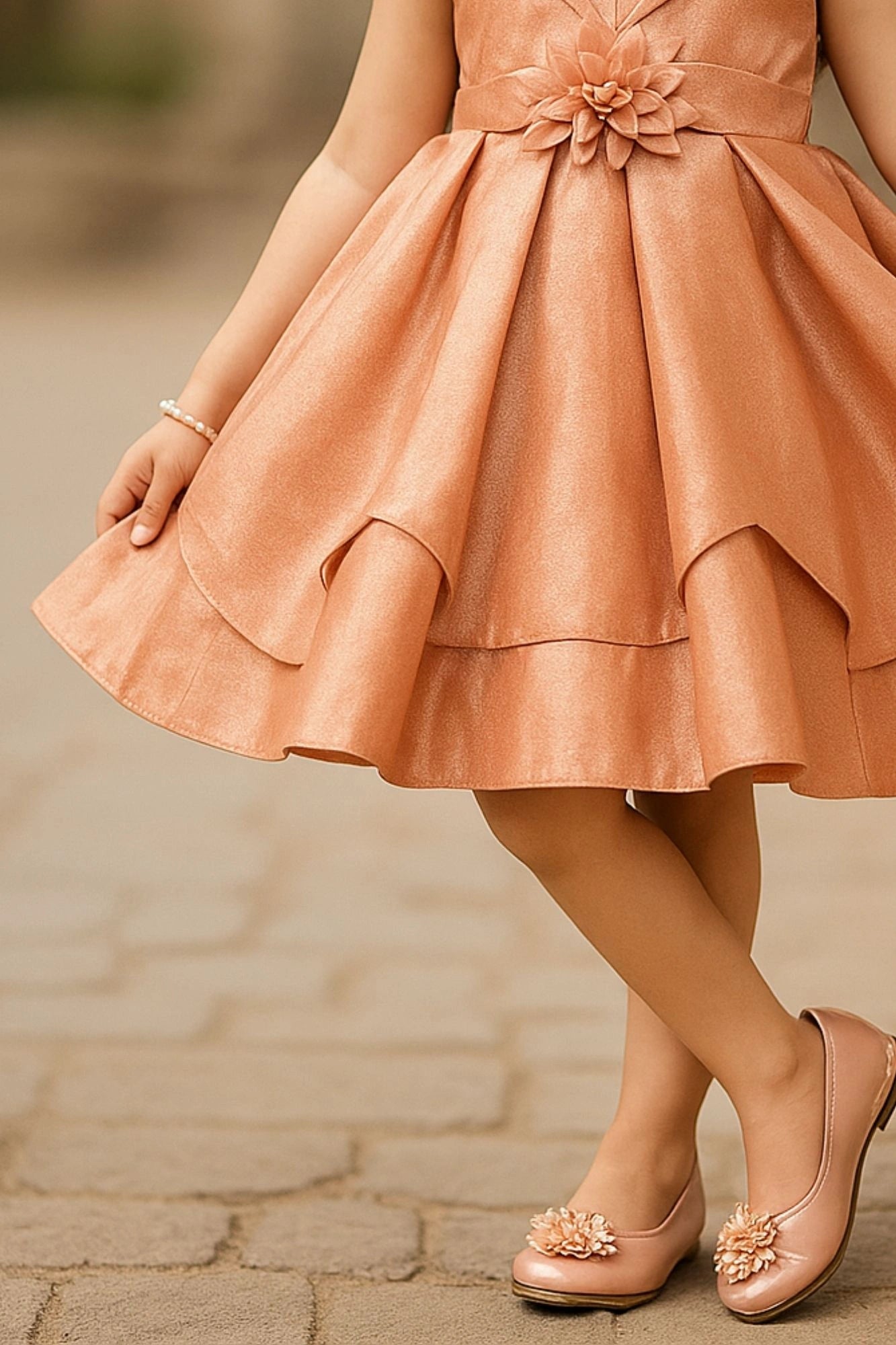Copper Shimmer Embellished Party Wear Frock with Layered Skirt For Girls