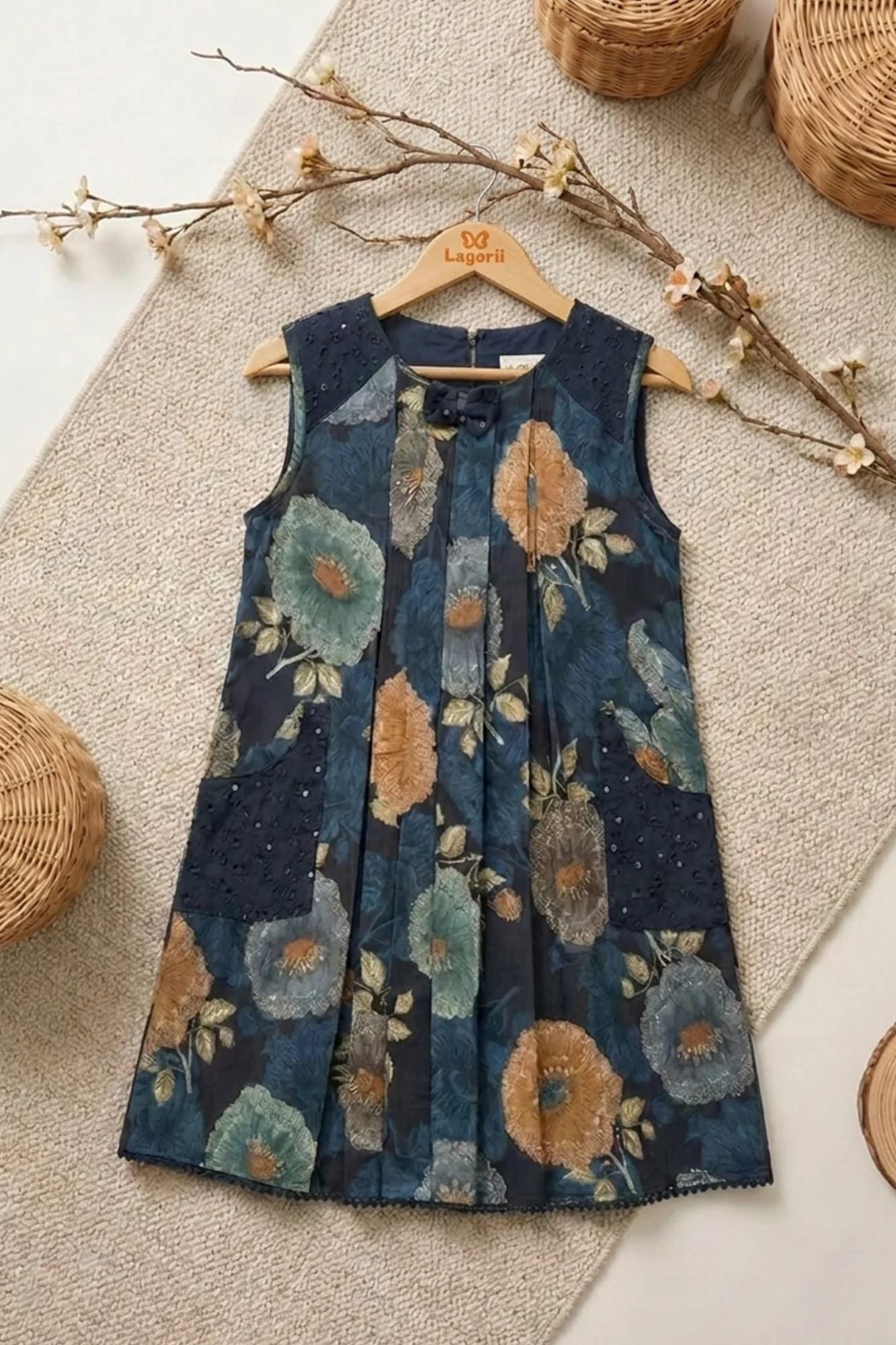Girls Blue Floral Printed Dress With Lace Panels and Pleats