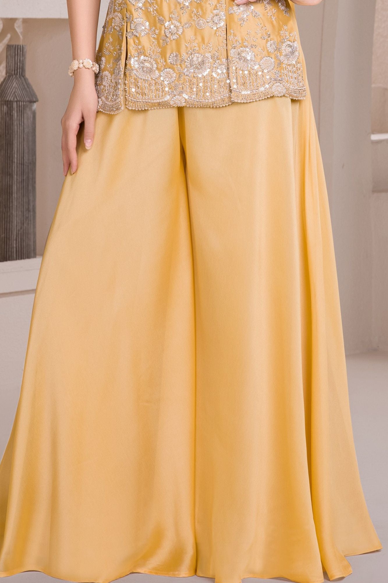 Yellow Embroidered Georgette Palazzo Set For Girls