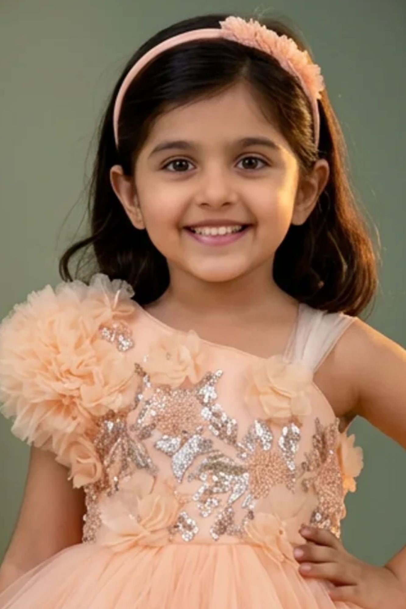 Girls Peach Party Frock with Floral Applique and Layered Tulle