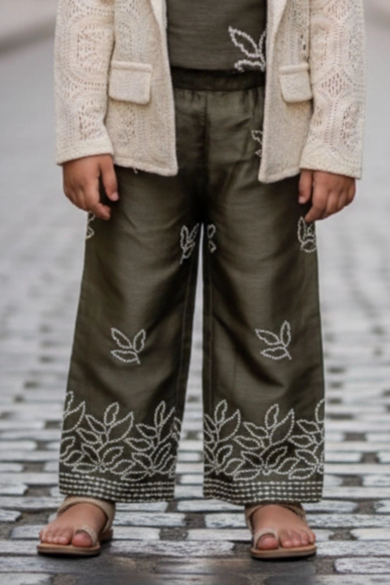 Olive Green Embroidered Co-ord Set With Cream Lace Jacket For Girls
