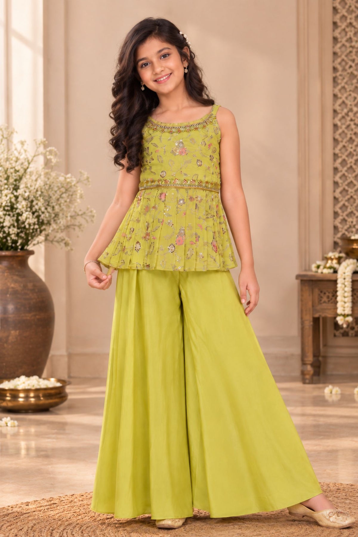 Mustard Zari Embroidery With Sequins Work Palazzo Set For Girls