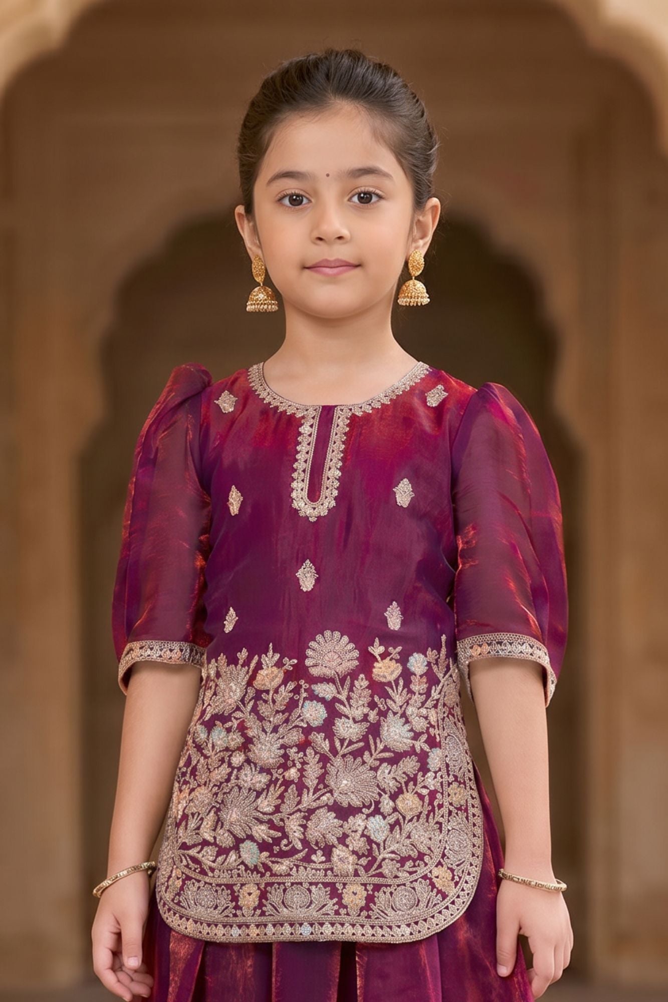 Wine Embroidered Palazzo Set For Girls