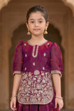 Wine Embroidered Palazzo Set For Girls