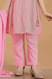 Pink Kurta Set with Golden Stripes And Tassel Dupatta For Girls