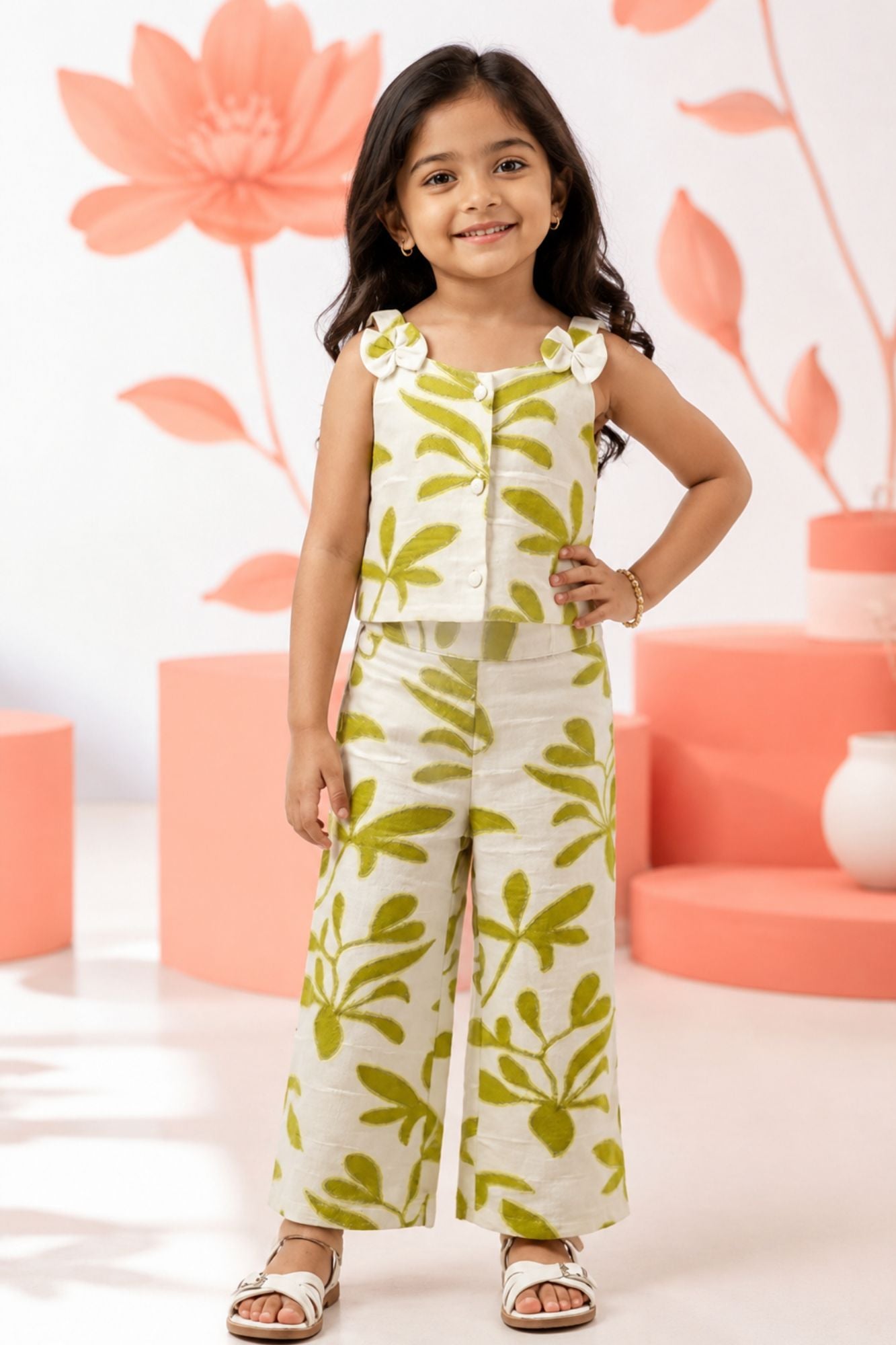 Girls White And Green Floral Printed Co-Ord Set with Sleeveless Bow Strap Top And Flared Pants