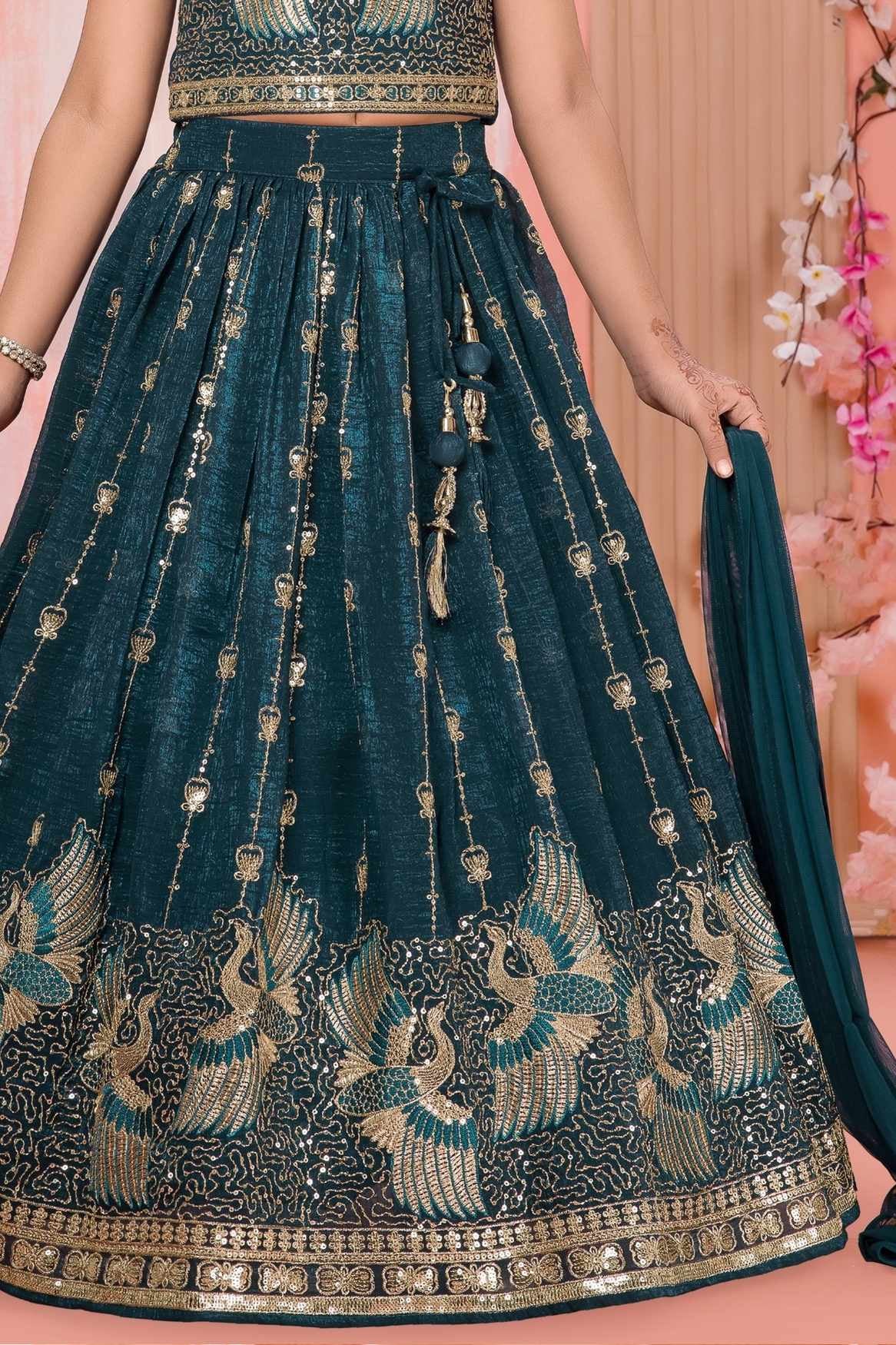Deep Teal Peacock Embroidered Lehenga Choli Set For Girls