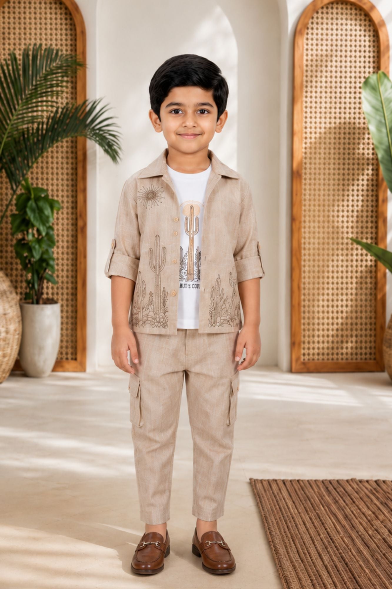 Stylish Beige Co-ord Set with Embroidered Jacket and T-Shirt For Boys