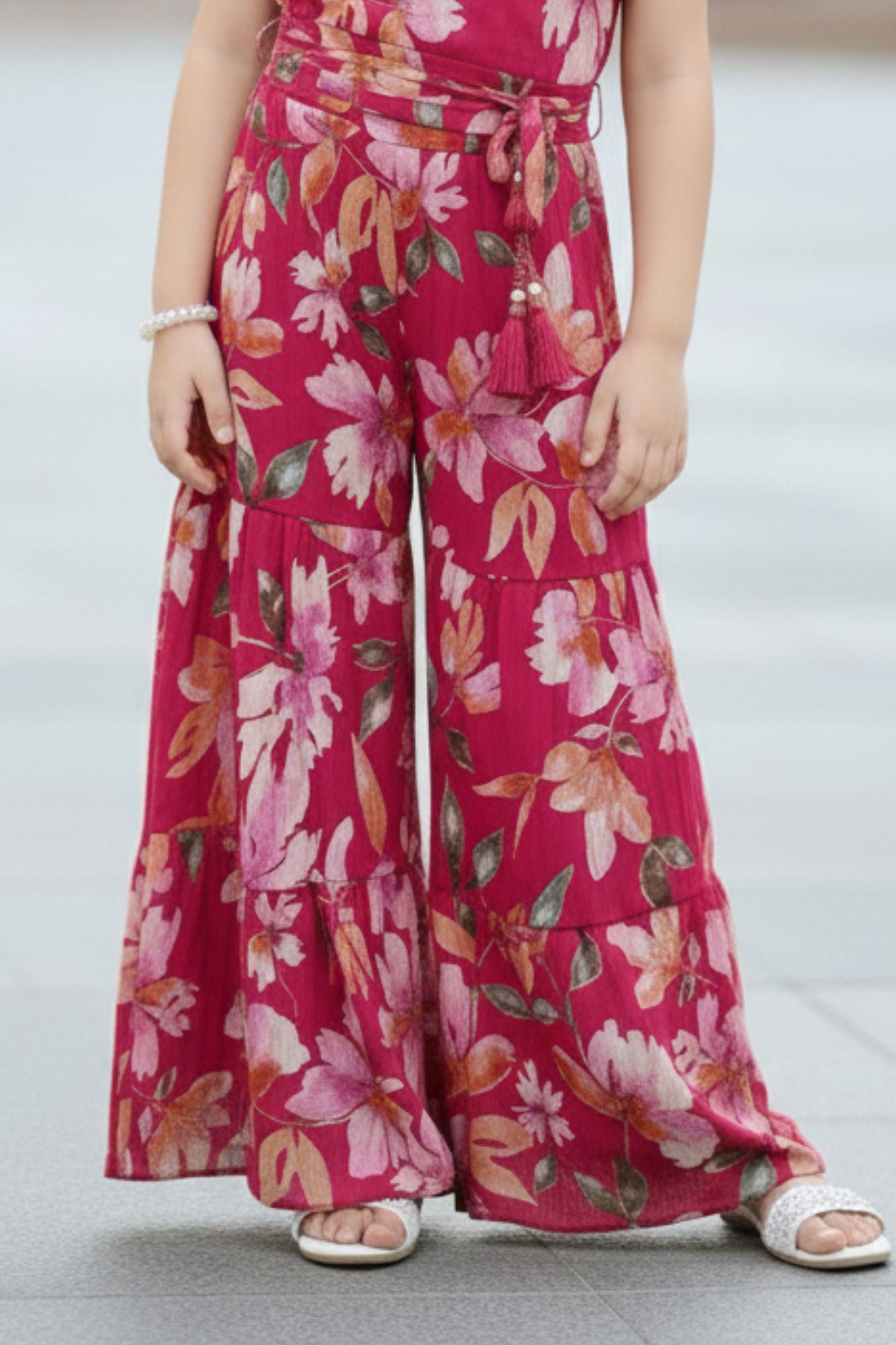 Cherry Red Floral Printed Casual Co Ord Set For Girls