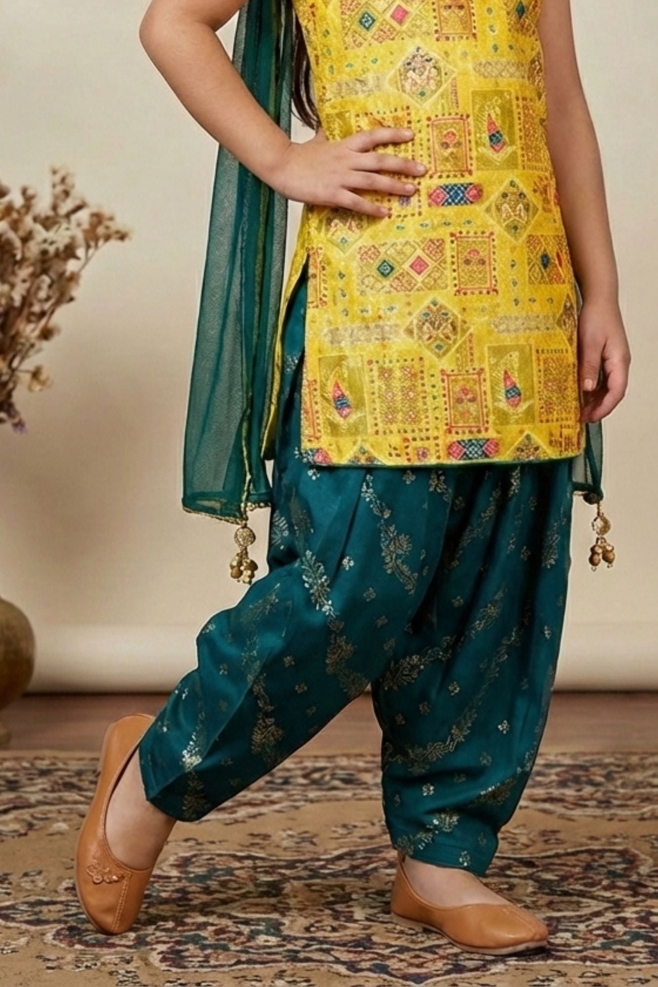 Yellow Kurti With Green Patiala Suit Set For Girls