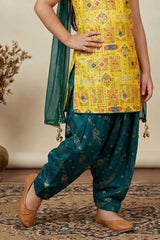 Yellow Kurti With Green Patiala Suit Set For Girls