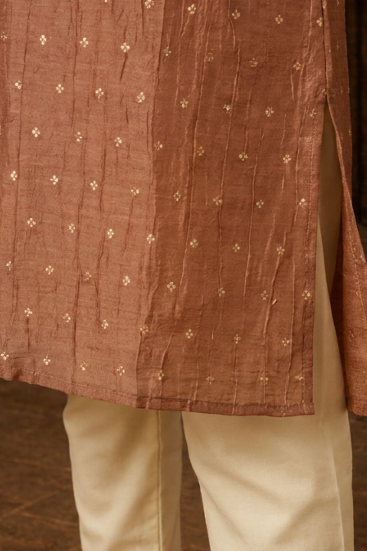 Boys Ethnic Rust Brown Crushed Tissue Embriodered Kurta Pajama Set