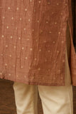 Boys Ethnic Rust Brown Crushed Tissue Embriodered Kurta Pajama Set