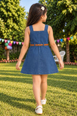 Girls Denim Blue Sleeveless Bow Detail Dress