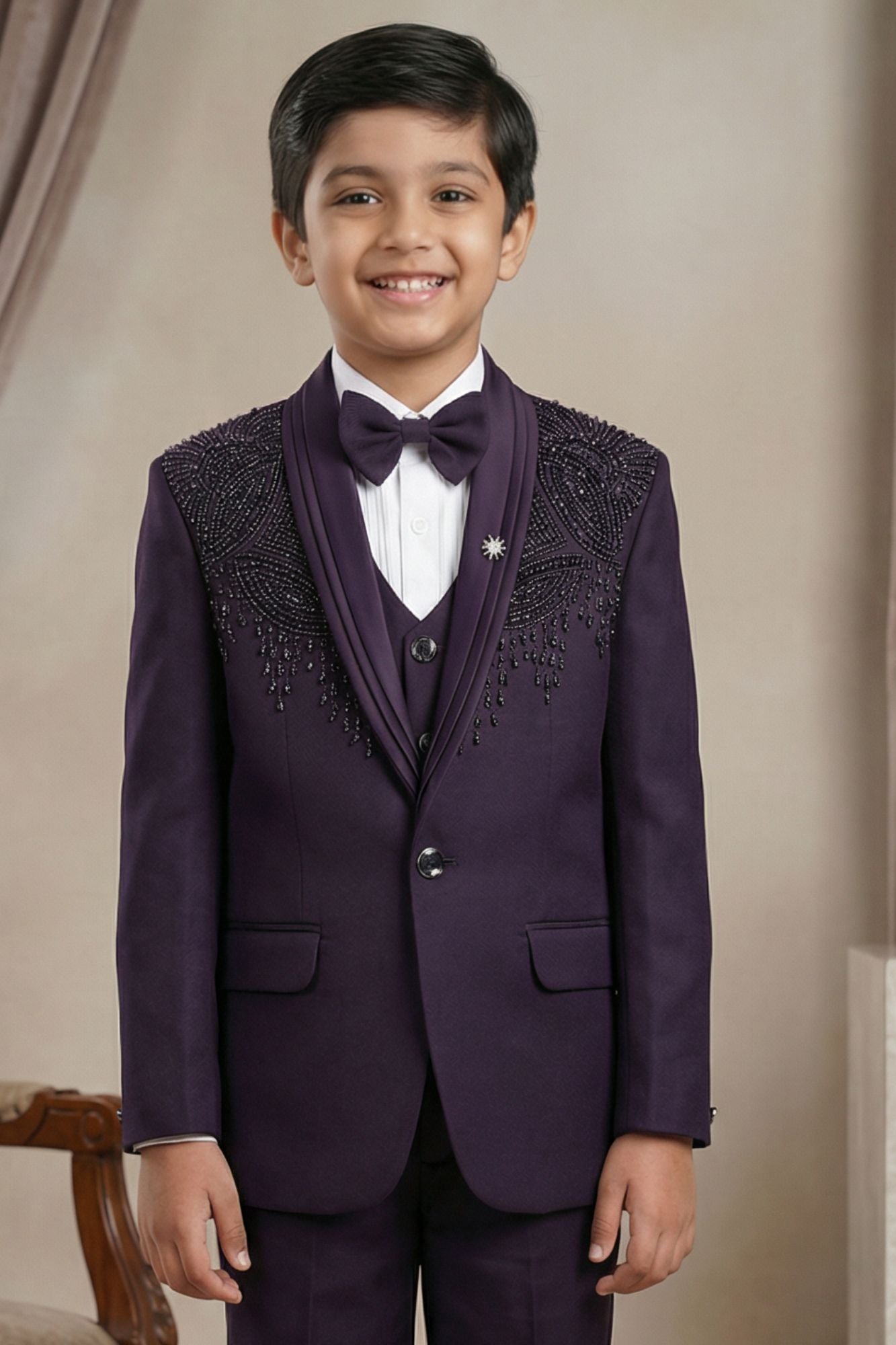 Purple Embroidered 5-Piece Suit Set For Boys
