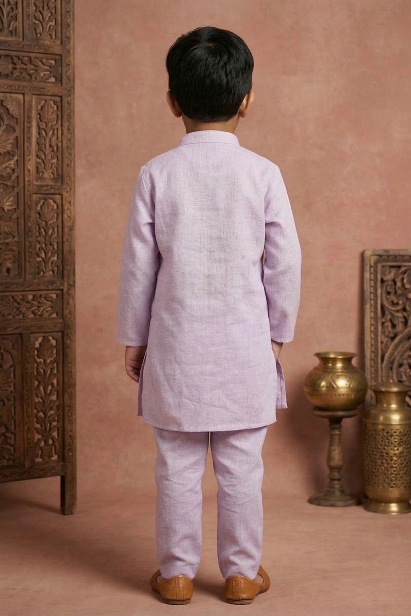 Lavender Embroidered Linen Kurta Set For Boys