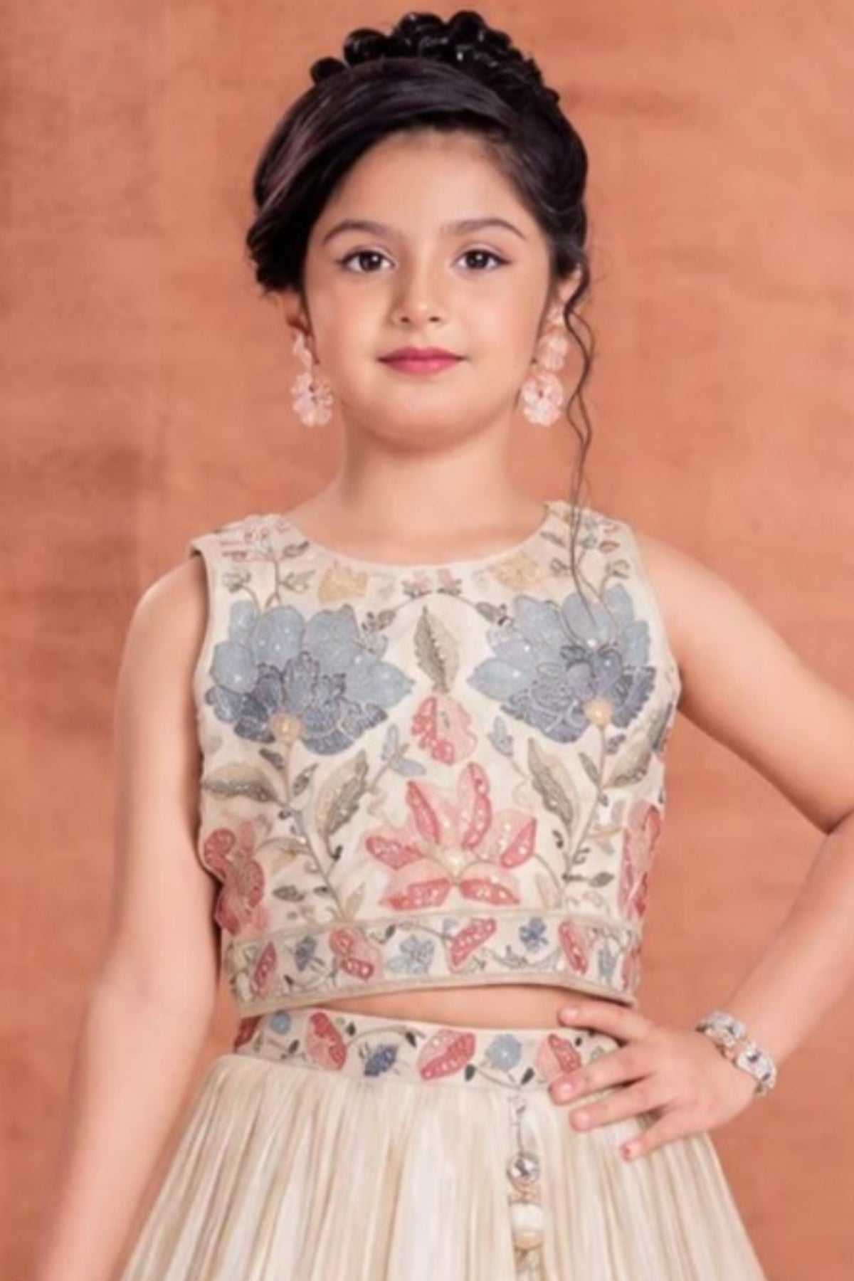 Girls Elegant Ivory Floral Embroidered Lehenga Choli Set
