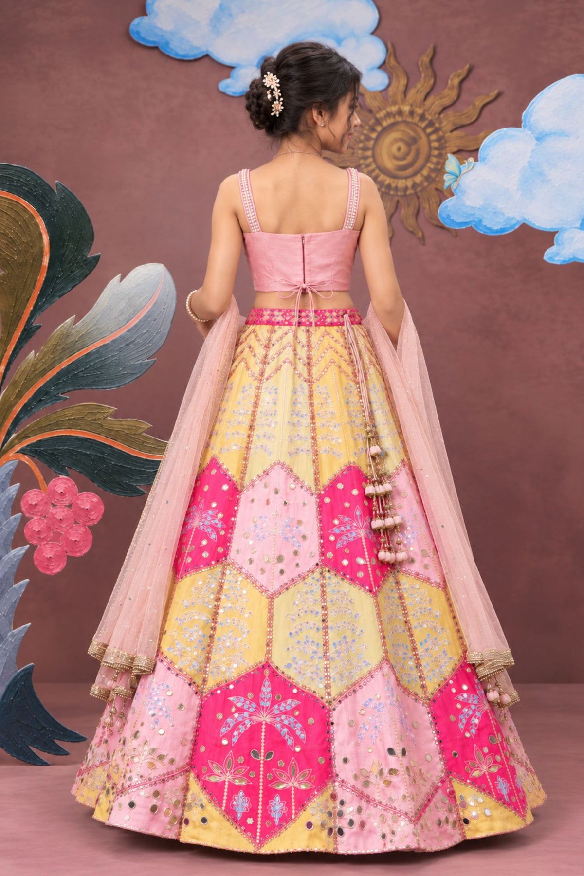 Girls Pink & Gold Floral Mirror Work Embellished Lehenga Choli Set