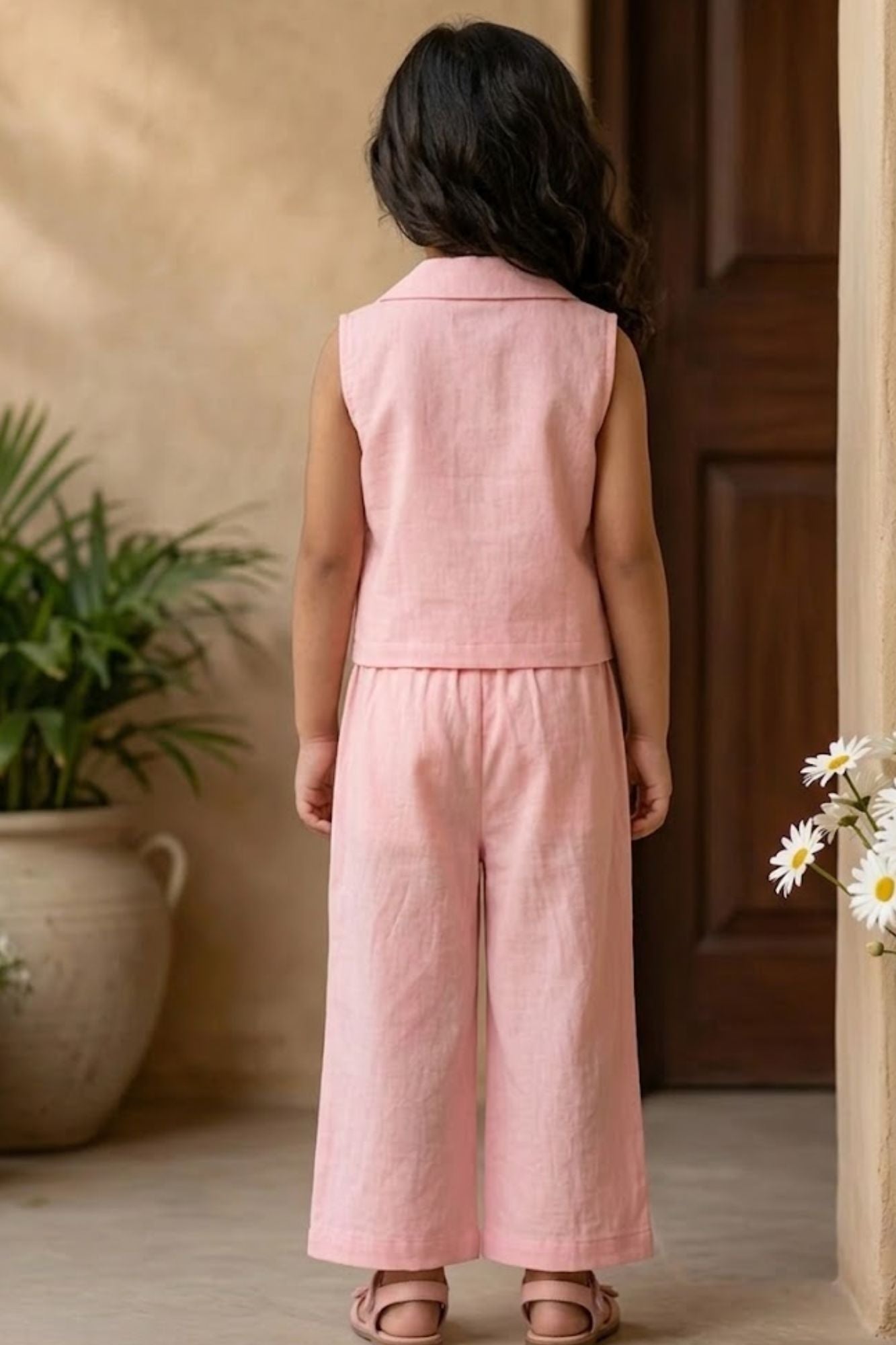 Girls Pink Sleeveless Embroidered Co-Ord Set with Wide Leg Pants