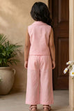 Girls Pink Sleeveless Embroidered Co-Ord Set with Wide Leg Pants