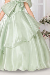 Pista Green Party Wear Gown With Floral And Bow Embellishment For Girls