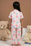 White Multicolor Daisy Floral Print Night Suit Set For Girls