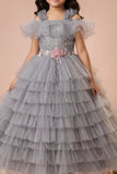 Girls Grey Layered Net Party Wear Gown with Off-Shoulder Ruffle Detailing