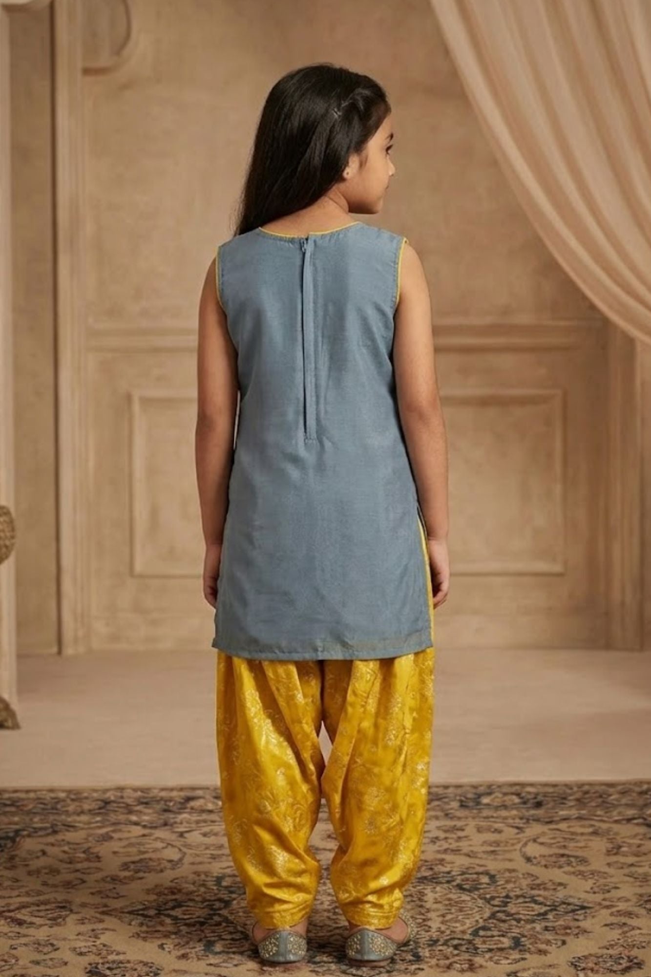 Grey And Yellow Seqiuns Embroidered Patiala Set with Dupatta For Girls
