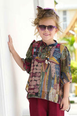 Multicolor Printed Top With Maroon Bottom Co-ord Set For Girls