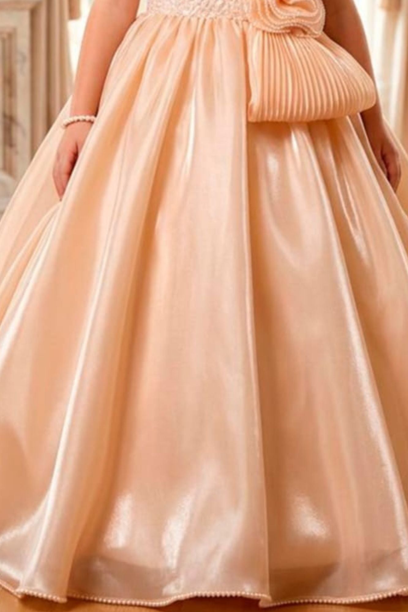 Girls Peach One-Shoulder Party Gown with 3D Floral Ruffles