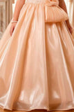 Girls Peach One-Shoulder Party Gown with 3D Floral Ruffles