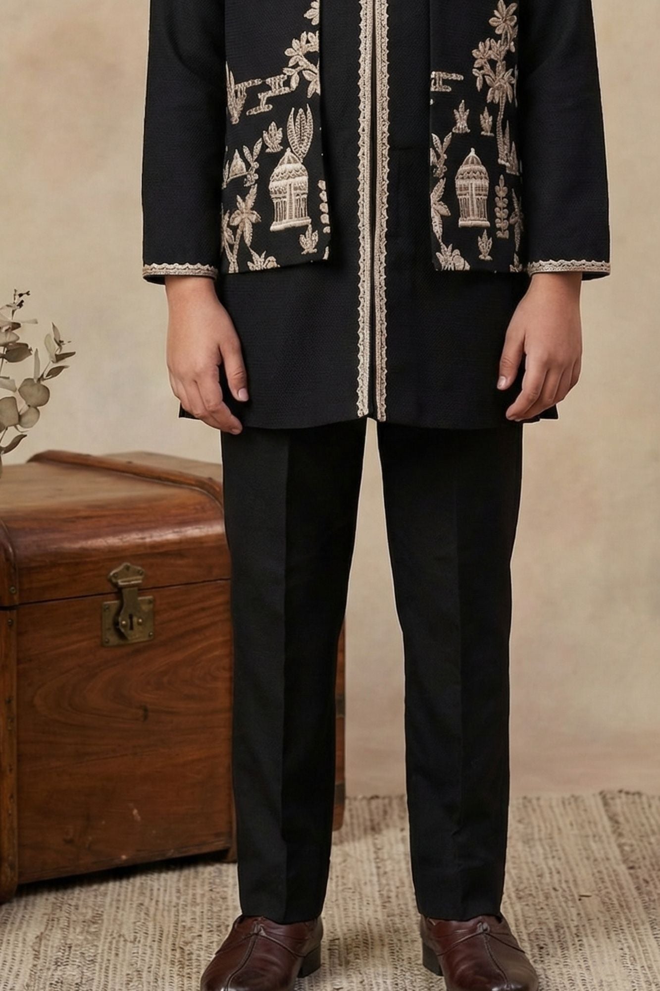 Black Heritage Embroidered Kurta Set with Jacket For Boys