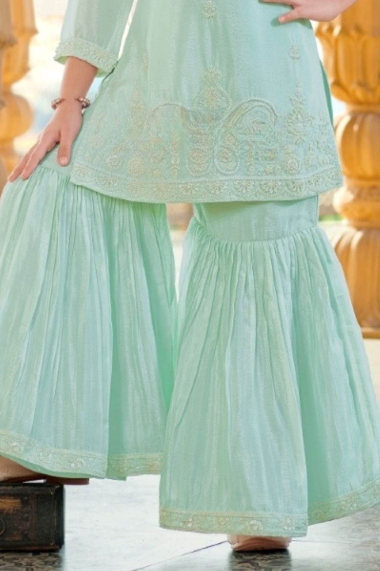 Sea Green Embroidered Sharara Set For Girls