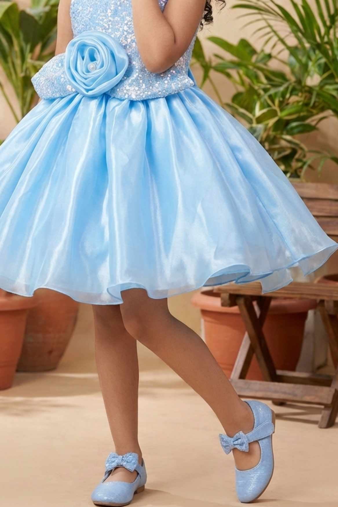 Blue Shimmer Party Wear Frock with 3D Floral Appliqué For Girls