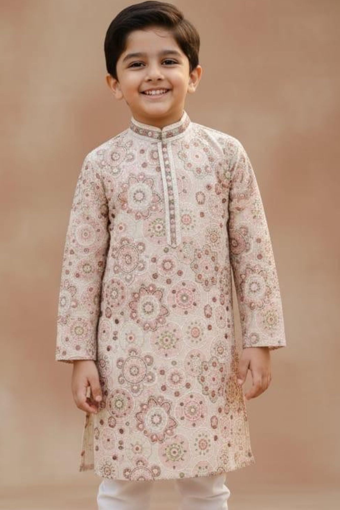 Boys Ivory Printed Kurta Set with White Pajama