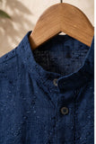 Blue Geometric Thread Embroidered Pure Linen Kurta