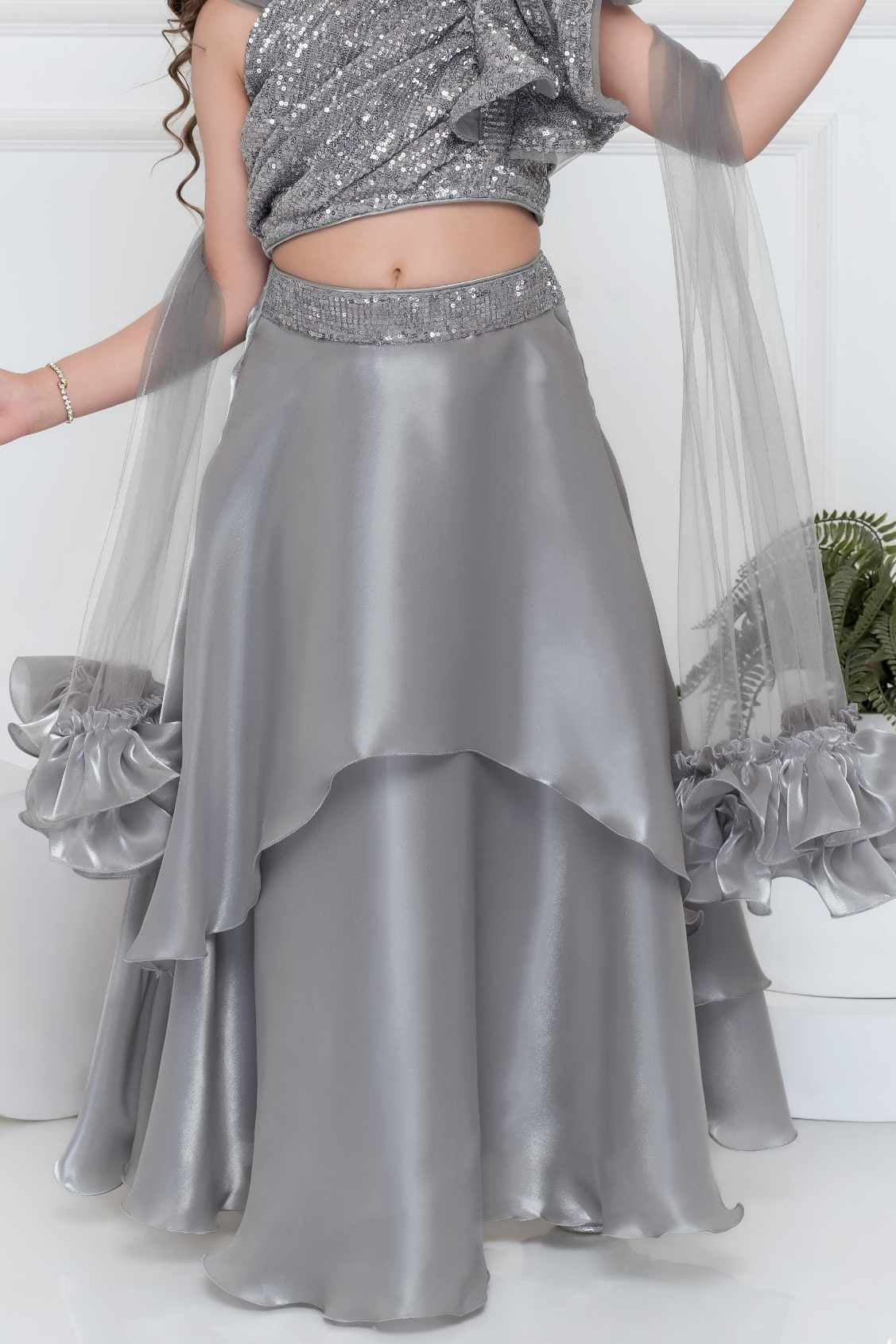 Silver Organza Lehenga Choli And Dupatta For Girls