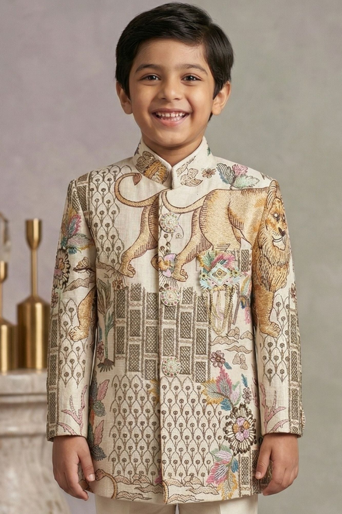Cream Printed Jodhpuri Suit With Lion Motif And Embroidered Detailing For Boys