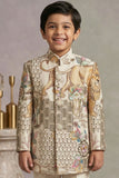 Cream Printed Jodhpuri Suit With Lion Motif And Embroidered Detailing For Boys