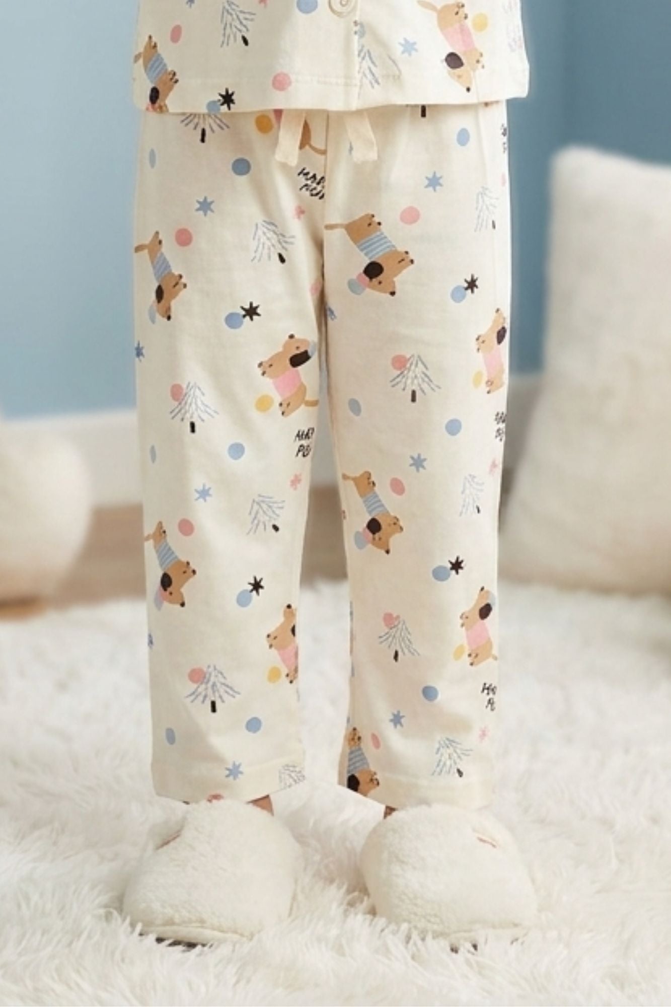 Girls Cream Teddy Bear Print  Night Suit Set
