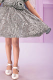 Grey Sequin Puff-Sleeve Party Frock With 3D flower Applique For Girls