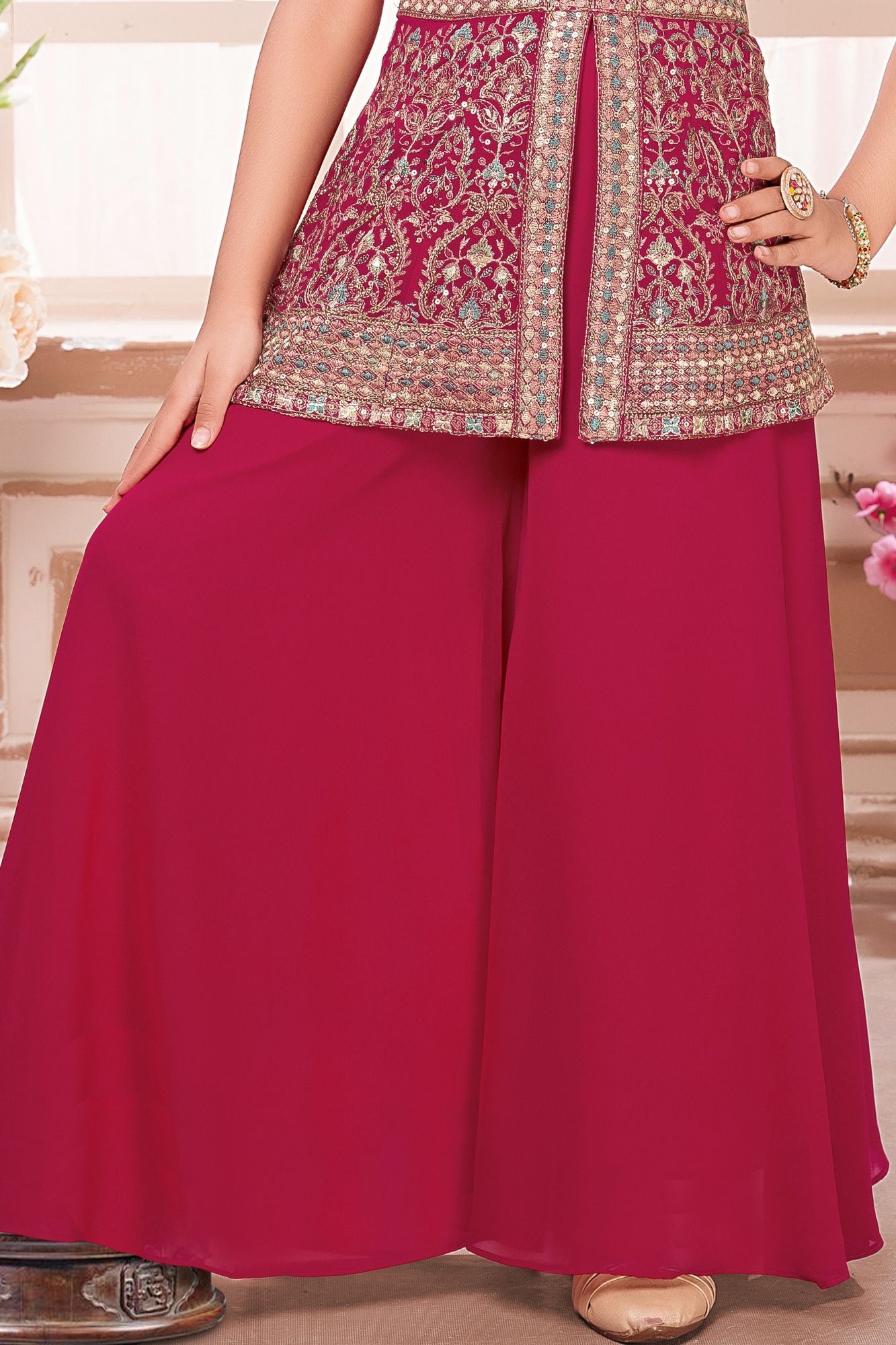 Rani Pink Embroidered Palazzo Set For Girls