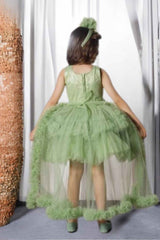 Green Floral Embellished Party Wear Tailback Frock For Girls