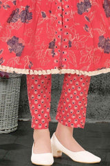 Dark Peach Floral Printed And Sequins Work Kurta With Pant Set For Girls