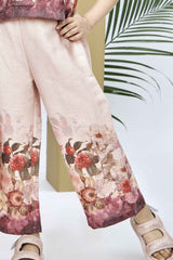 Beige Floral Printed Co Ord Set With Flared Pants And Matching Handbag For Girls
